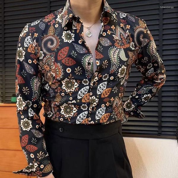 Camicie casual da uomo Camicia con stampa floreale vintage di alta qualità Camiseta Masculina Autunno per uomo Abiti da club sociale Stampa di moda