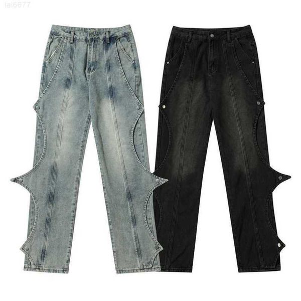 Marca de moda de rua alta com corte irregular e design de botão oculto lavado jeans velhol9kv