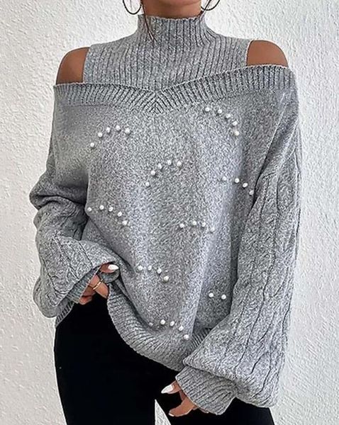 Frauen Pullover Pullover 2023 Herbst Mode Perlen Dekor Kalten Schulter Laterne Hülse Casual Plain Rollkragen Lange Täglichen