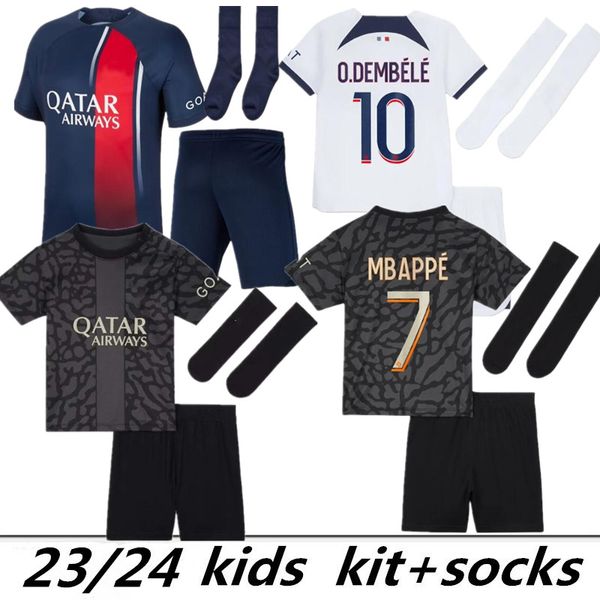 Maillots White Away MBAPPE 7 Fußballtrikots DEMBELE Schwarz R. SANCHES HAKIMI 23 24 Kinder Maillot 2023 Vierte Fußballtrikots Kits Kinder Ausrüstung Uniformen