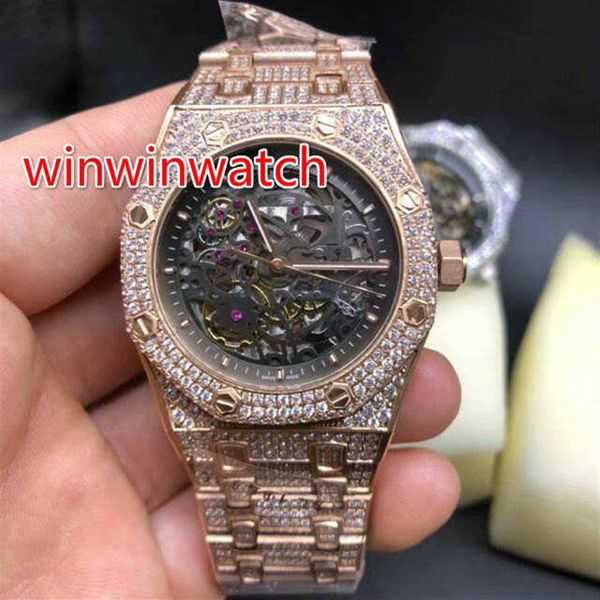 Relógio masculino totalmente gelado em aço inoxidável, caixa de ouro rosa e prata, vidro traseiro, relógio de pulso cheio de diamantes, cristal de safira Automa318a