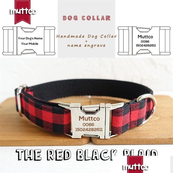 Coleiras de cachorro Trelas Muttco Personalizado Id Tag Collar para Chihuahua Poodle A Xadrez Preta Vermelha Nome Personalizado e Número de Telefone 5 Dh1TT