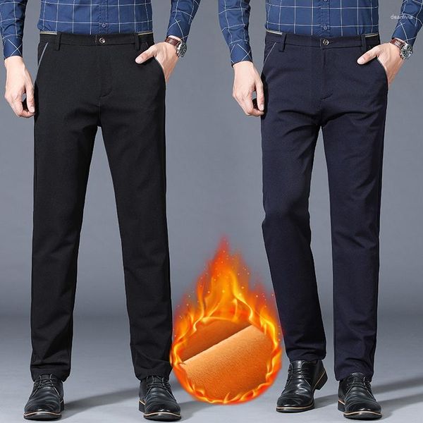 Pantaloni da uomo 2023 Autunno Inverno Caldo Fashion Business Casual per uomo Plus Velluto Pantaloni elastici a quattro vie High-End Blu Nero