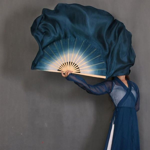 Véu de seda gradiente azul escuro branco, tradicional chinês, tintura de mão para dança, pares de duas camadas, máquina enrolada para adultos 20 polegadas289u