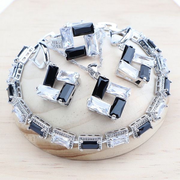 Encantos casamento prata conjuntos de jóias nupcial preto branco zircão brincos anéis pingente colar pedra pulseiras conjunto para mulher 230921