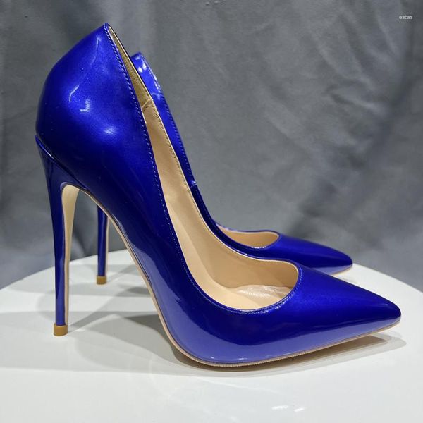 Sapatos de vestido Brilhante Azul Patente Couro Básico Bombas Salto Alto 10cm Fêmeas Deslizamento em Festa Moda Mulher Grande Tamanho 42 43 44 45