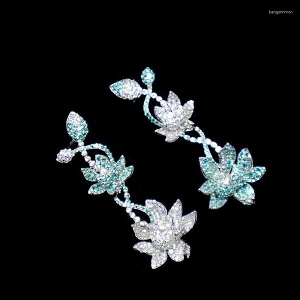 Brincos pendurados zoca flor elegante 925 prata esterlina lótus luxo azul retro verde ab cor feminina jóias finas