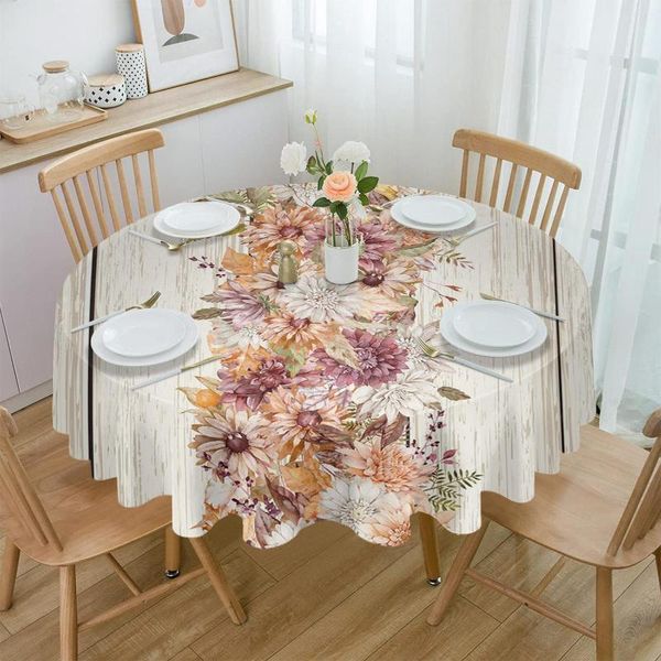 Toalha de mesa de madeira com flores, folhas, vintage, fazenda, à prova d'água, casamento, casa, cozinha, sala de jantar, decoração, capa redonda