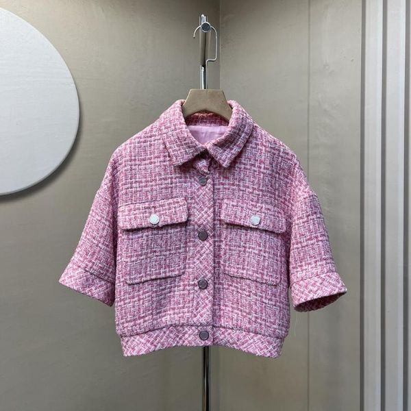 Jaquetas femininas roupas femininas roupas jaqueta primavera/verão 2023 casaco bolsos botões macio tweed tecido xadrez casual