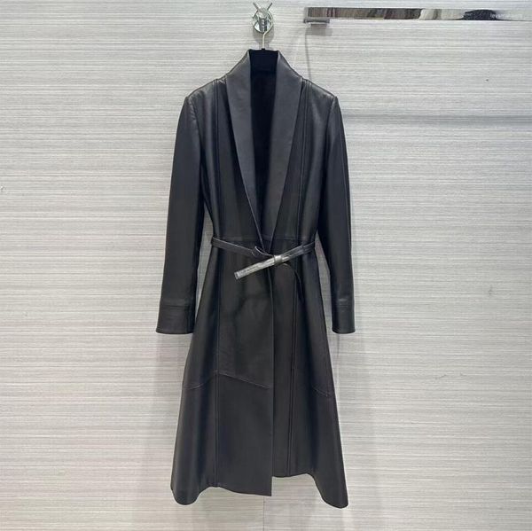 Trench coat de pele de carneiro de qualidade de couro feminino lapela manga longa cinto de renda fino ajuste real legal jaqueta preta