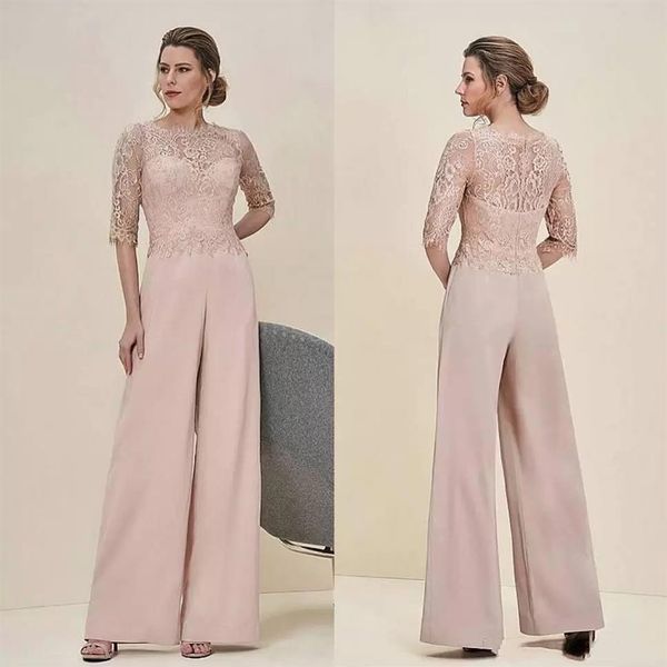 Tute in pizzo Abiti da sposo per la mamma Bateau Neck Mezze maniche Abito da sposa per ospiti in chiffon Taglie forti Tailleur pantalone per la madre della sposa270w