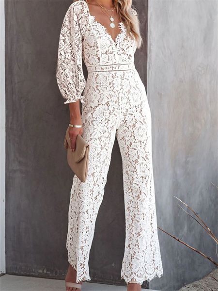 Damen-Overall-Spielanzug CHRONSTYLE Elegante Frauen-Spitze-Hosen-Overalls mit weitem Bein, einfarbig, langärmelig, hohe Taille, V-Ausschnitt, Blumen-Strampler, Streetwear 230920