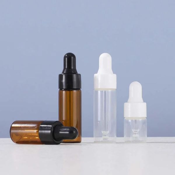 Großhandel 100 Stück 3 ml 5 ml Klarglas-Tropfflaschen-Verpackungsflasche Probenbehälter 1 ml 2 ml Mini-Bernstein-ätherisches Ölparfüm Winzig tragbar LL