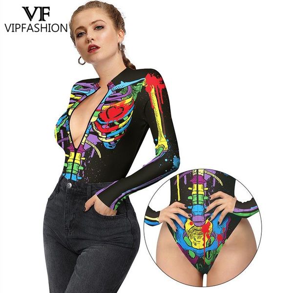 Costumi Catsuit VIP FASHION Donna Scheletro Spaventoso Fantasma Punk Stampa Halloween Manica lunga Zentai Body Catsuit Costumi da bagno sexy Costumi Cosplay