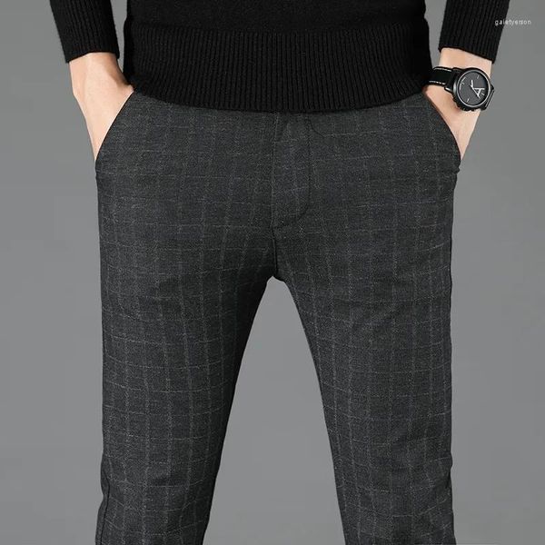 Pantalons pour hommes Casual pour la marque Vêtements Business Stretch Slim Plaid Mode Coréenne Classique Noir Bleu Pantalon Mâle