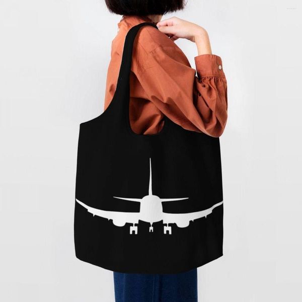 Sacos de compras bonito impresso incrível avião sacola lavável lona shopper ombro aviação avião piloto presente bolsas