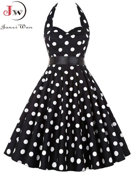 Grundlegende Freizeitkleider Polka Dot Kleid Frauen Vintage Swing Neckholder Gürtel 50er 60er Jahre Rockabilly Prom Party Kleider Retro Feminino Vestidos 230920