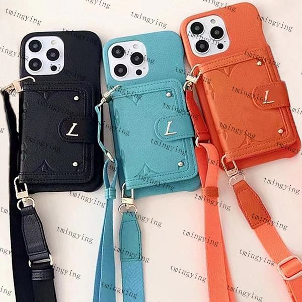 Leder -Designer -Brieftaschen -Telefonhüllen für iPhone 15 pro max 14 13 12 11 Fashion Crossbody Schultergurt Abdeckung Luxus Mobile Shell Kartenhalter Tasche Geldbeutel Lanyard Hülle