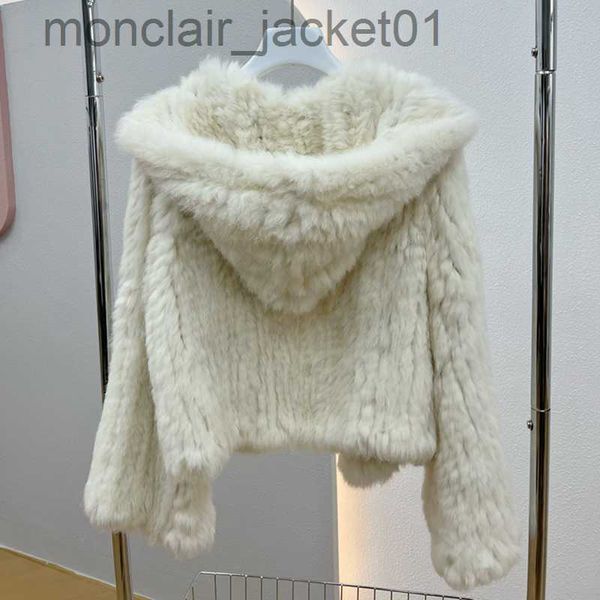 Frauen Pelz Faux Pelz Echt Kaninchen Fell Kapuze Mantel Lange Hülse Frauen Casual Lose Gestrickte Echte Pelz Jacke Mit Kapuze weibliche Natürliche Pelz Outwear J230921