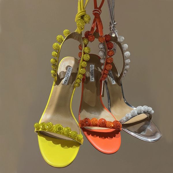 Aquazzura rhinestonesball top dekorasyon sandaletler stiletto topuklu ayak bileği sarısı gökyüzü yüksek akşam ayakkabıları kadınlar yüksek topuklu lüks tasarımcılar kutu ile ayakkabı elbisesi