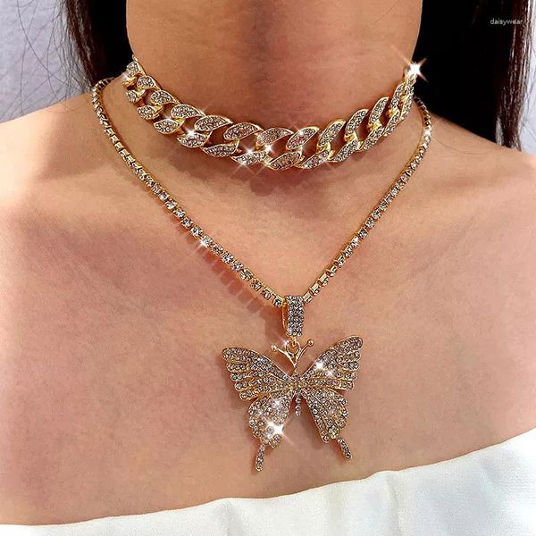 Anhänger Halsketten Punk Kubanische Doppelschicht Große Schmetterling Halskette Voller Strass Gold Farbe Choker Dicke Kette Frauen Schmuck