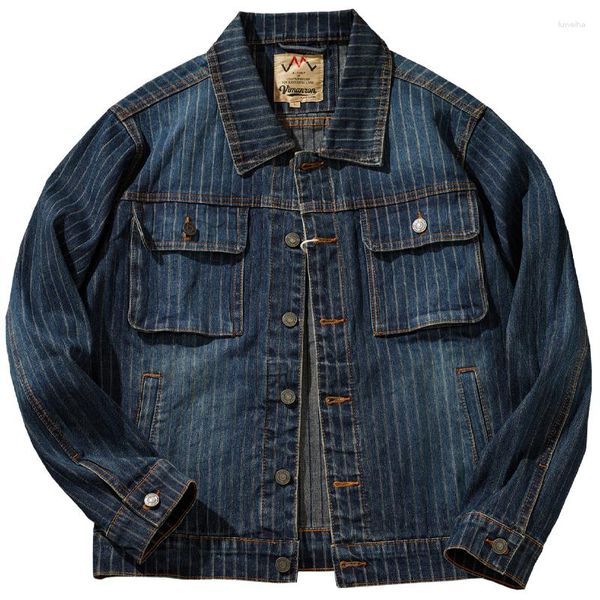 Jaquetas masculinas listradas verticais denim casaco para homens roupas jeans retro jaqueta de carga lavado angustiado ferramental bolsos casual wear tops soltos