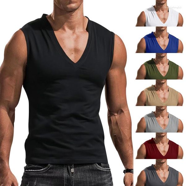 Regatas masculinas marca verão sem mangas com decote em v topo casual fitness camiseta esportes correndo camisa