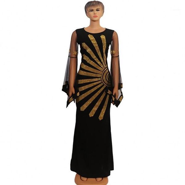 Etnik Giyim Siyah Elmaslar Afrika Dashiki Çiçekler Desen Maksi Elbise Uzun Kollu Kıyafetler Kadınlar için Afrika Giyim1240L