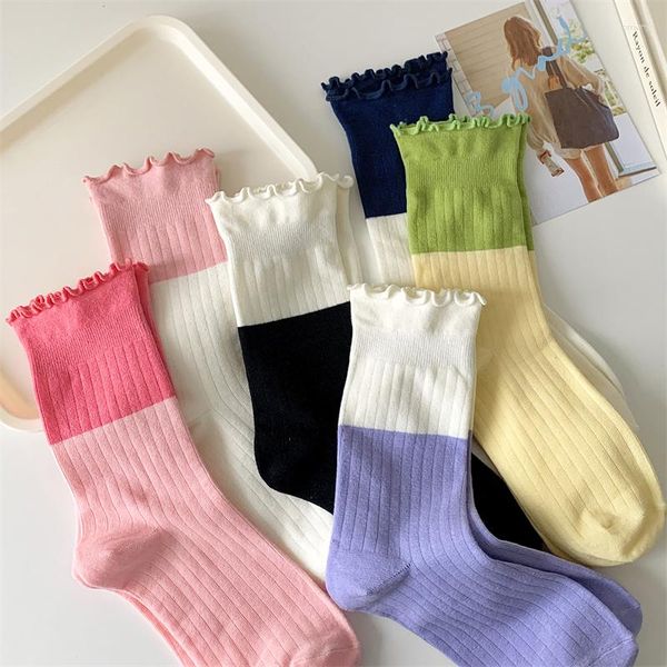 Kadın Çorap Yaz 2023 Karışık renkli sevimli fırfırlı Kore tarzı taze nefes alabilen pamuk mürettebat kız Japon moda