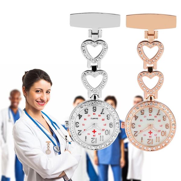 Серебро, розовое золото, часы для медсестры из нержавеющей стали, медицинское сердце, цветок, бриллиант, дизайн, доктор, брелок, кварцевые карманные часы, часы с подвеской, Clock291N