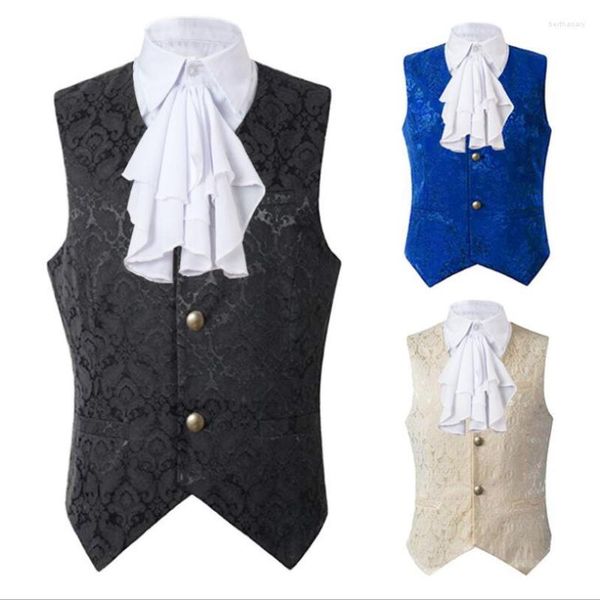 Coletes masculinos Mne Steampunk Terno Colete Gótico Victorian Único Peito Brocado Medieval Halloween Cosplay Colete com Gravata Jabot