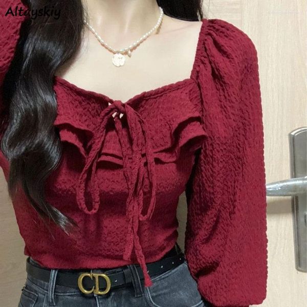 Camicette da donna Rosse Con lacci Casual Vintage Eleganti per donna Estetiche All-match Manica lunga Sexy Crop Top Mujer Design Autunno retrò