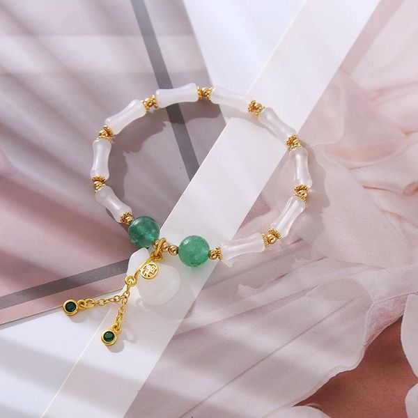 Charme Armbänder Minar Ethnische 14 Karat vergoldet Kupfer Grüne Farbe Naturstein Jade Bambus Joint Glücksbeutel Anhänger Für Frauen Dame