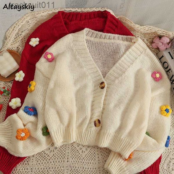 Kadın Sweaters Kırpılmış hırka 3d çiçek v yaka kawaii retro tasarım All-mwch Mujer kazak ihale kız estetik sonbahar yeni varış ulzgang l230921