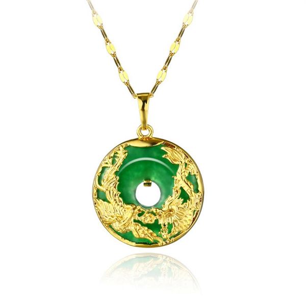 Collana con ciondolo da uomo e da donna con motivo Dragon Phoenix in giada, squisita gioielleria di moda riempita in oro giallo 18 carati249b