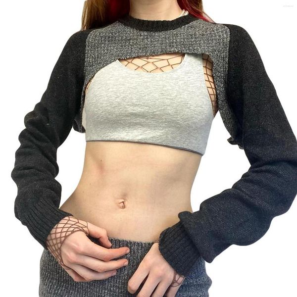 Maglioni da donna Top con coprispalle in maglia da donna Casual Girocollo in colore a contrasto Manica lunga Crop Streetwear Clubwear