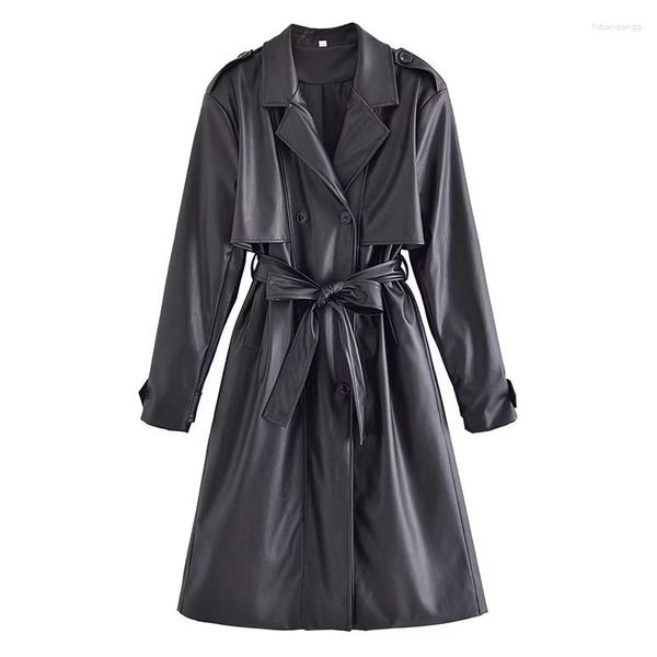 Trench da donna QLA76735910-26 Cappotto in similpelle PU doppiopetto autunno 2023