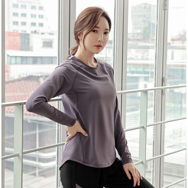 Active Shirts Autumn Winter Women's T-Shirt Oversized Loose Quick-Drying Yoga Clothes Long-Sleeved Solid Gym Training Running Sports Blouses