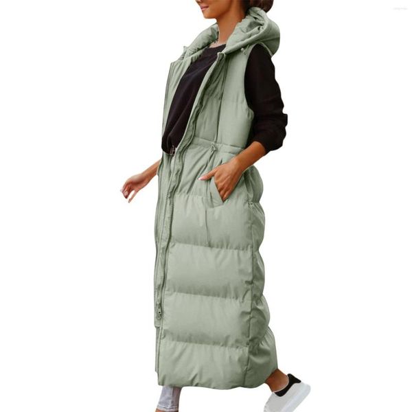 Coletes femininas mulheres cor sólida com capuz colete zíper bolso solto mulheres outerwear sem mangas jaqueta longa casaco de inverno