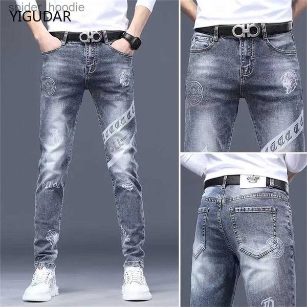 Calças de brim masculinas estiramento denim calças de impressão jeans coreia emagrecimento na moda casual jeans all-match luz de luxo calças de brim masculinas para homem l230921