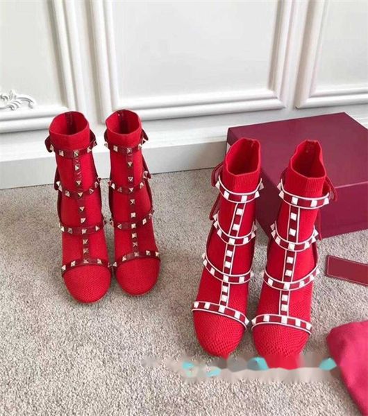 Botas de tornozelo femininas meia studs bota fahsion sapatos de couro aparado estiramento malha meia alta hee