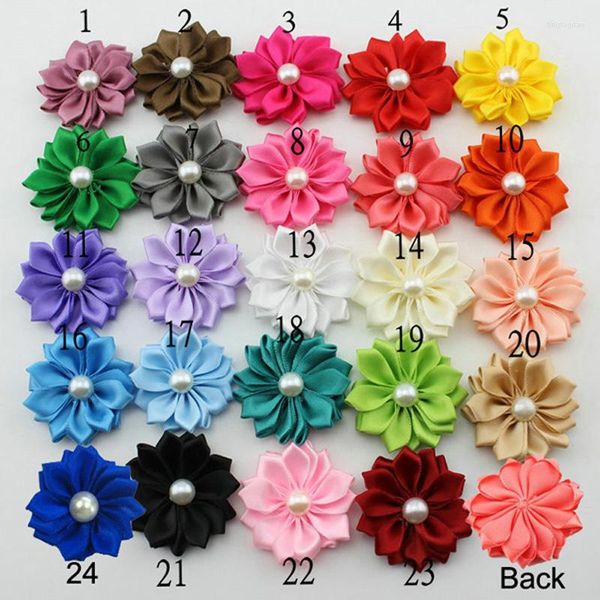 Flores decorativas 1.5''Mini flor de fita de cetim sólida DIY em estoque para acessórios de cabelo 24 cores 120pcs HBF01