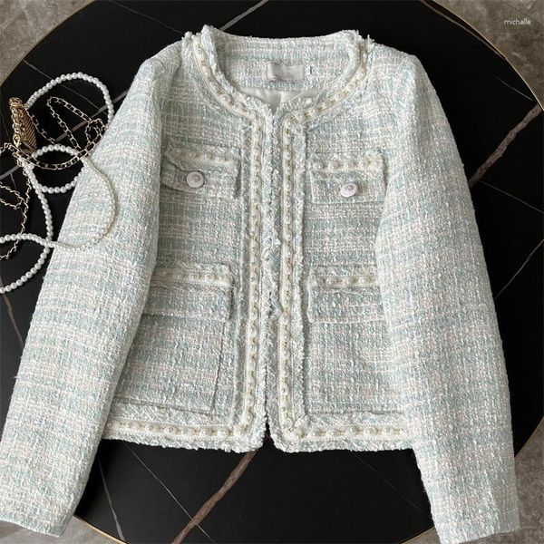 Jaquetas femininas pequena fragrância tweed casaco curto outono 2023 temperamento all-match moda coreana miçangas de lã chaquetas