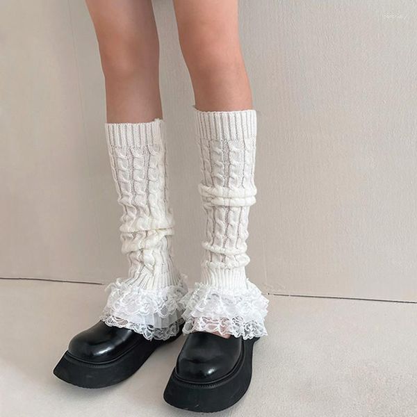 Damensocken, Zopfmuster, kniehoch, mit Spitzensaum, Stiefelmanschetten, Y2K-ästhetische Punk-Gothic-Kawaii-Strümpfe