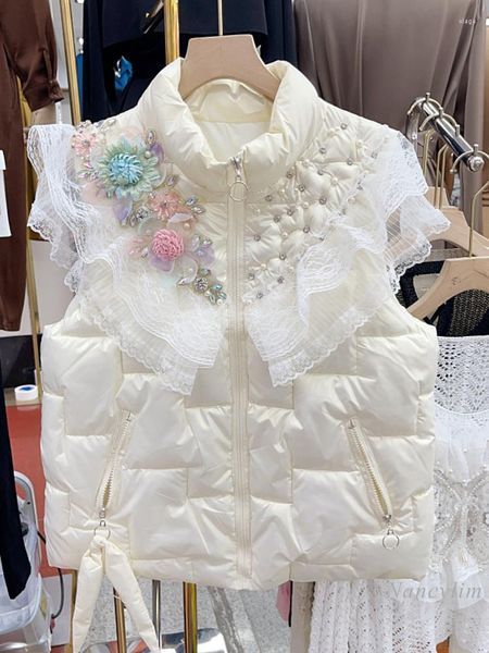 Gilet da donna Gilet di moda coreana Parka Industria Perline Cappotto di cotone Inverno Addensato Fiore di pizzo Patchwork Gilet da strada 2023