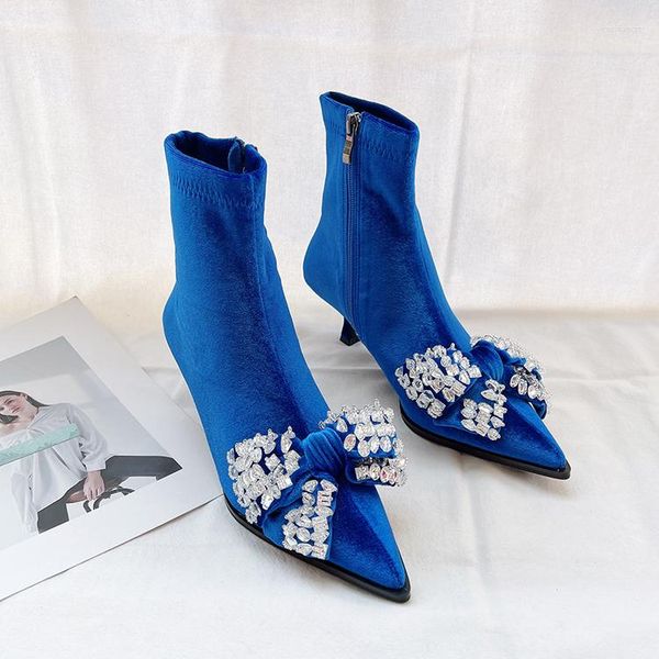 Botas camurça apontou toe arco adornado com cristal tornozelo costura lateral zíper stiletto saltos inverno botas curtas femininas