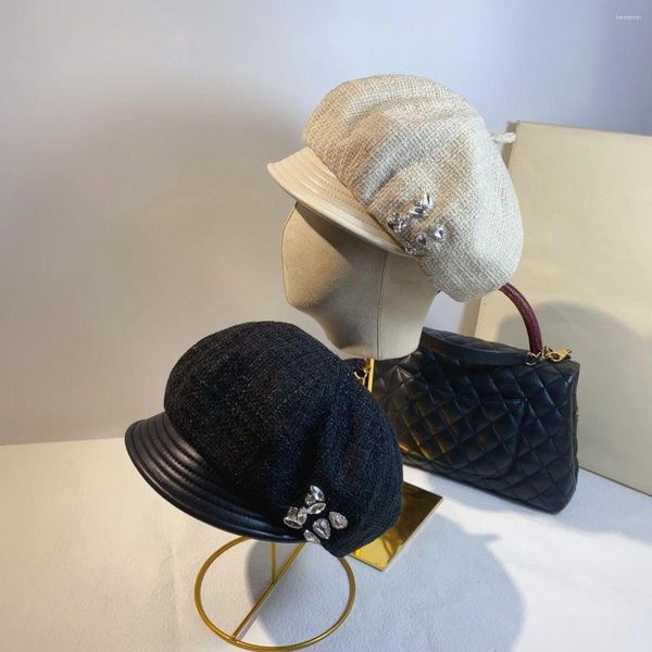 Berets outono e inverno moda octogonal chapéu feminino diamante couro beirais militar versátil estilo de compras artista