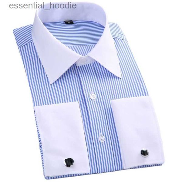 Camisas masculinas M ~ 6XL Camisa masculina com punho francês, camisa branca de manga comprida, botões formais de negócios, camisas masculinas com ajuste regular, camisa com abotoaduras L230921