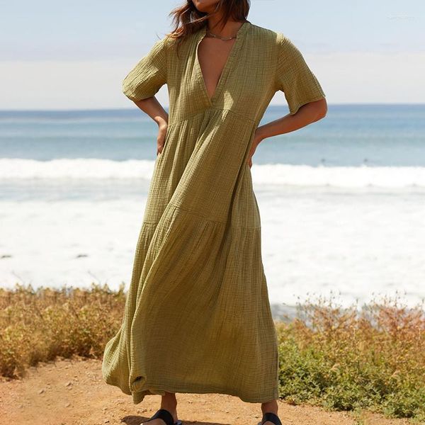 Abiti casual Mussola di garza di cotone Abito da donna Manica corta ampia Torta Vestito estivo Abiti da festa in spiaggia