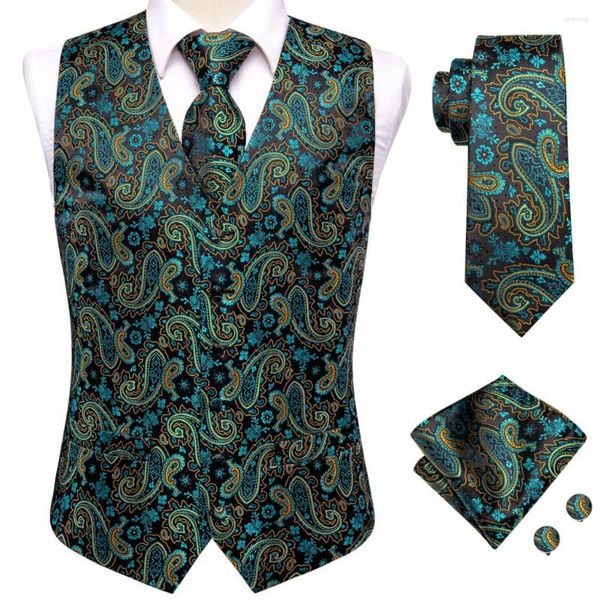 Gilet da uomo Gilet da uomo in seta verde scuro Cravatta Jacquard Paisley Giacca senza maniche Completo Gilet Cravatta Hanky Gemelli Matrimonio Business XXL